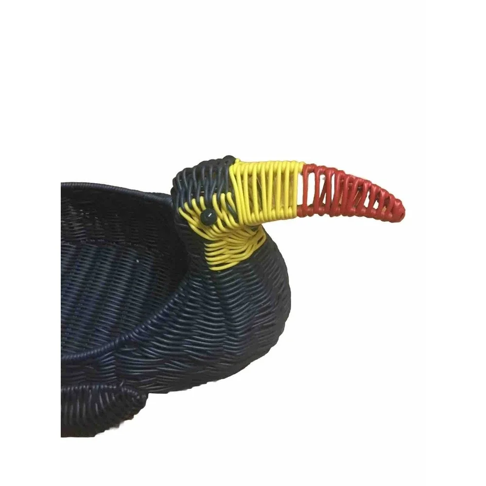 Handcrafted Woven Toucan ?‎ Bird Figurine Basket Red Beak Green Wings Vintage
